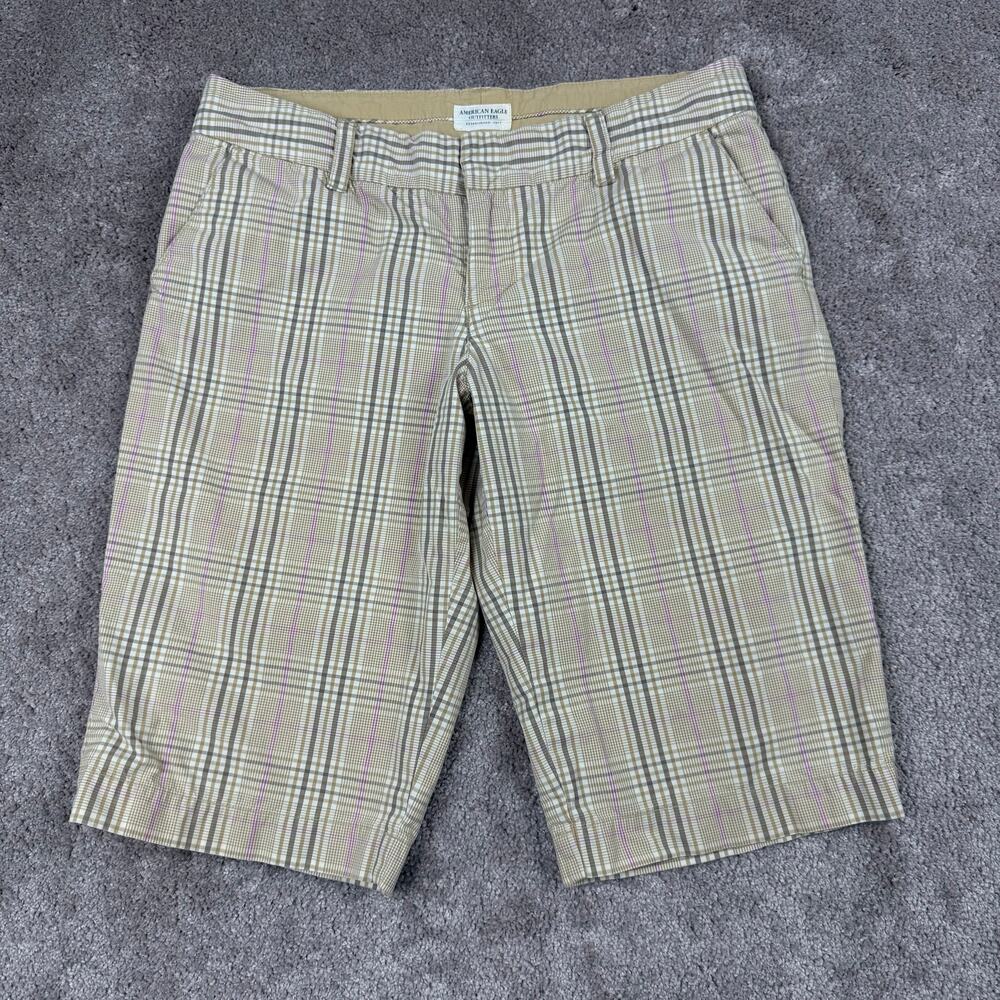 American Eagle Outfitters Tan Plaid Bermuda Shorts Womens Size 6 Preppy Academia